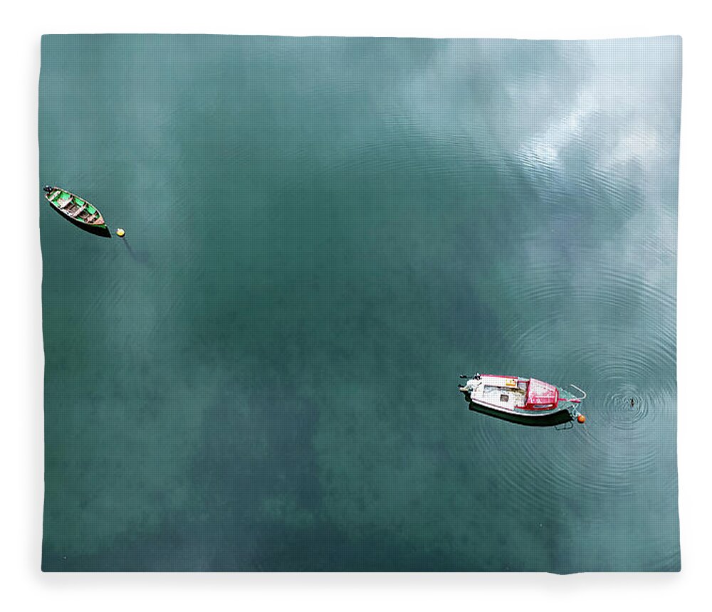 Above Fleece Blanket featuring the photograph Aerial, drone image of two fishing boats in water by Michalakis Ppalis