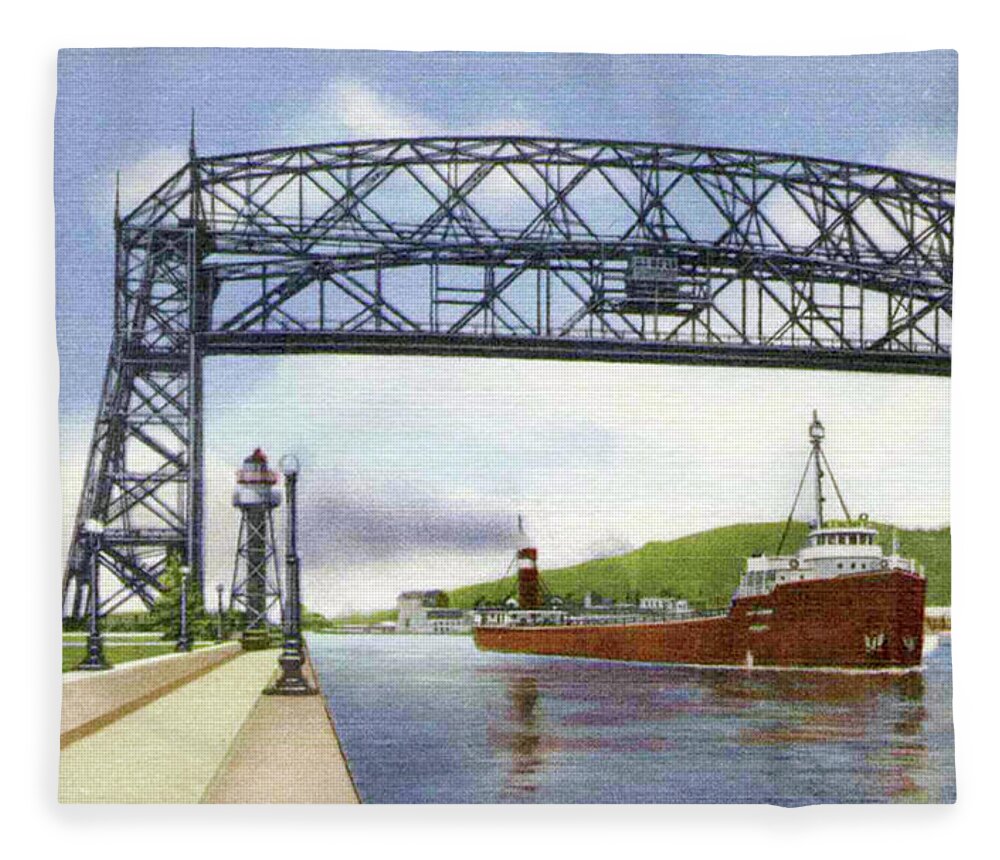 Duluth Fleece Blanket featuring the photograph Aerial Lift Bridge with Freighter by Zenith City Press