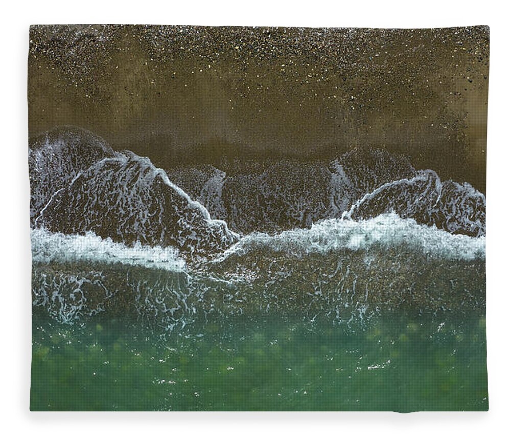 Waves Fleece Blanket featuring the photograph Aerial view ocean waves braking on a sandy beach. Nature background by Michalakis Ppalis