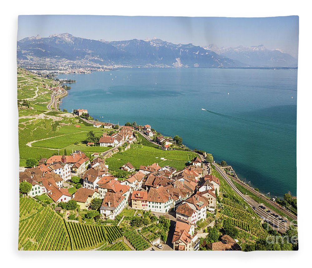 Europe Fleece Blanket featuring the photograph Aerial view of the famous Lavaux vineyard in Switzerland by Didier Marti