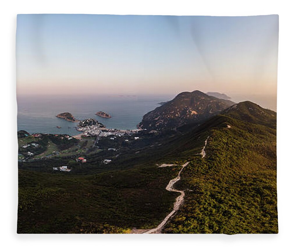 Asia Fleece Blanket featuring the photograph Aerial view of the sunset over the famous Dragon's back hiking t by Didier Marti