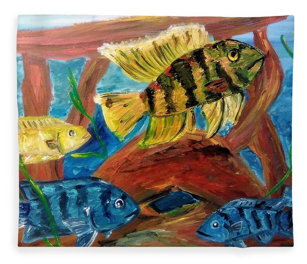 Fish Fleece Blanket featuring the painting African Cichlid Quartet by Andrew Blitman