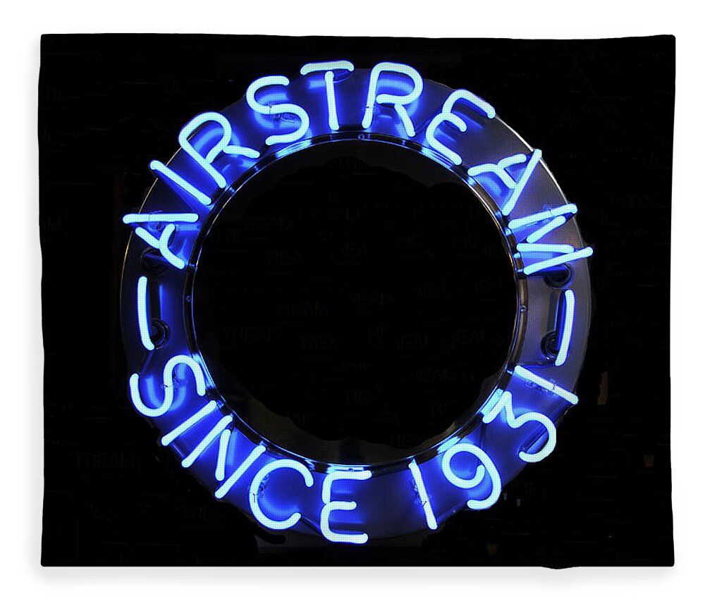 Airstream Fleece Blanket featuring the photograph Airstream since 1931 vintage neon by David Lee Thompson