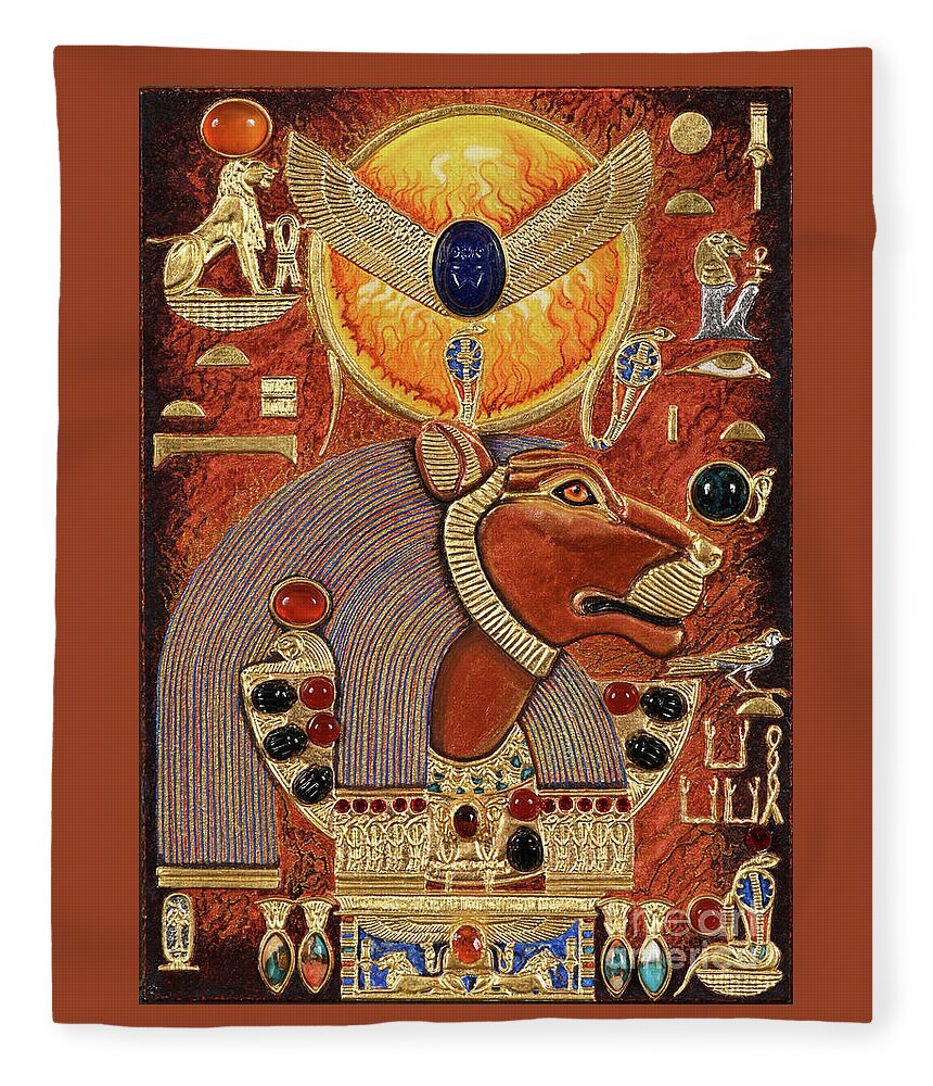 Ancient Fleece Blanket featuring the mixed media Akem-Shield of Sekhmet the Eye of Ra and Mistress of Heaven by Ptahmassu Nofra-Uaa