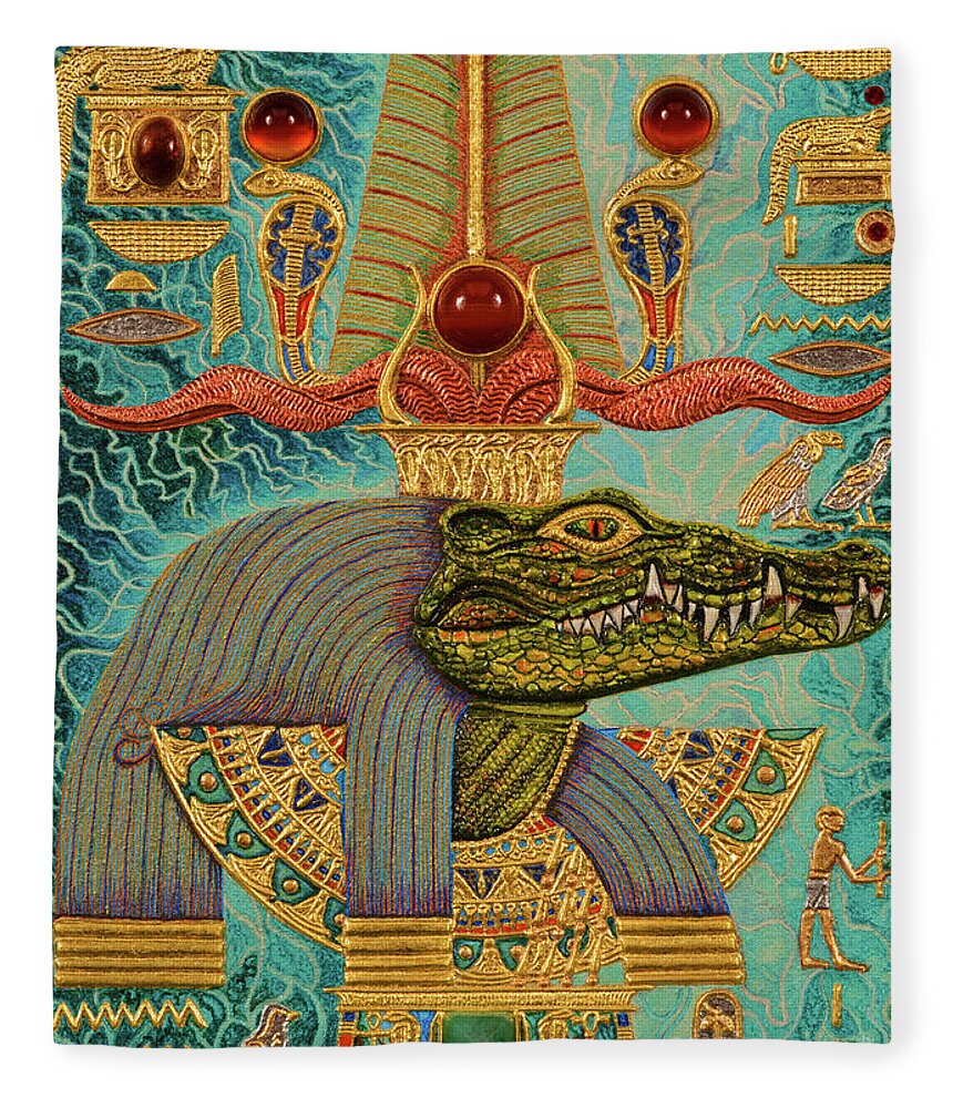 Ancient Fleece Blanket featuring the mixed media Akem-Shield of Sobek-Ra Lord of Terror by Ptahmassu Nofra-Uaa