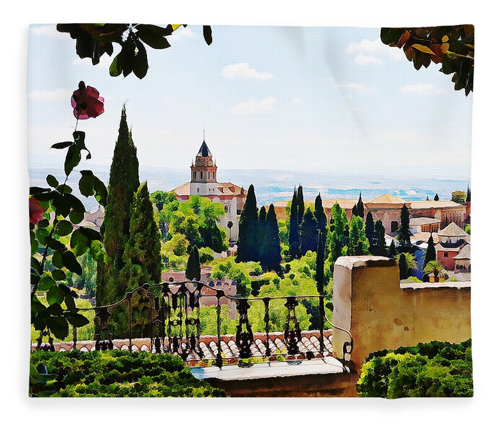Alhambra Fleece Blanket featuring the photograph Alhambra gardens, digital paint by Tatiana Travelways