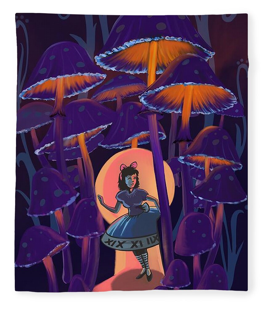 Alice In Wonderland Fleece Blanket featuring the painting Alice in Mushroom Wonderland by Sassan Filsoof