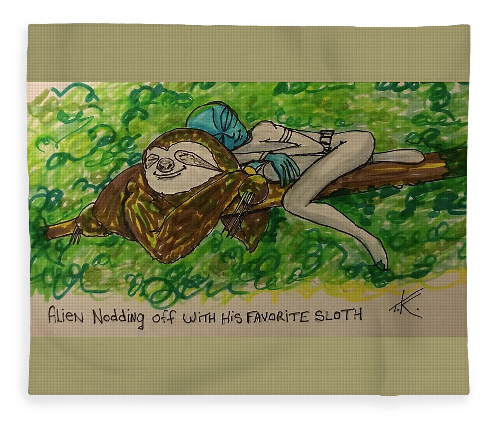 Sloth Fleece Blanket featuring the drawing Alien and a Sloth by Similar Alien