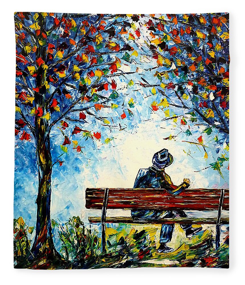 Lonely Man Fleece Blanket featuring the painting Alone On A Bench by Mirek Kuzniar