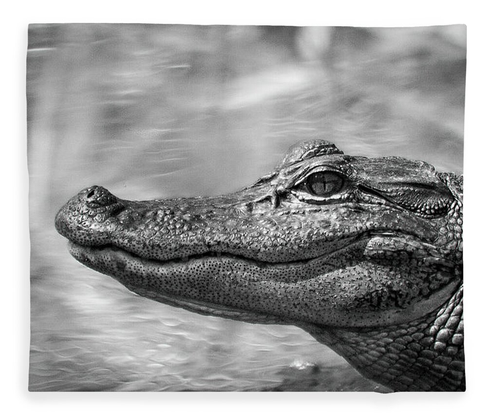 Alligator Fleece Blanket featuring the photograph American Alligator by the Neuse River in North Carolina by Bob Decker
