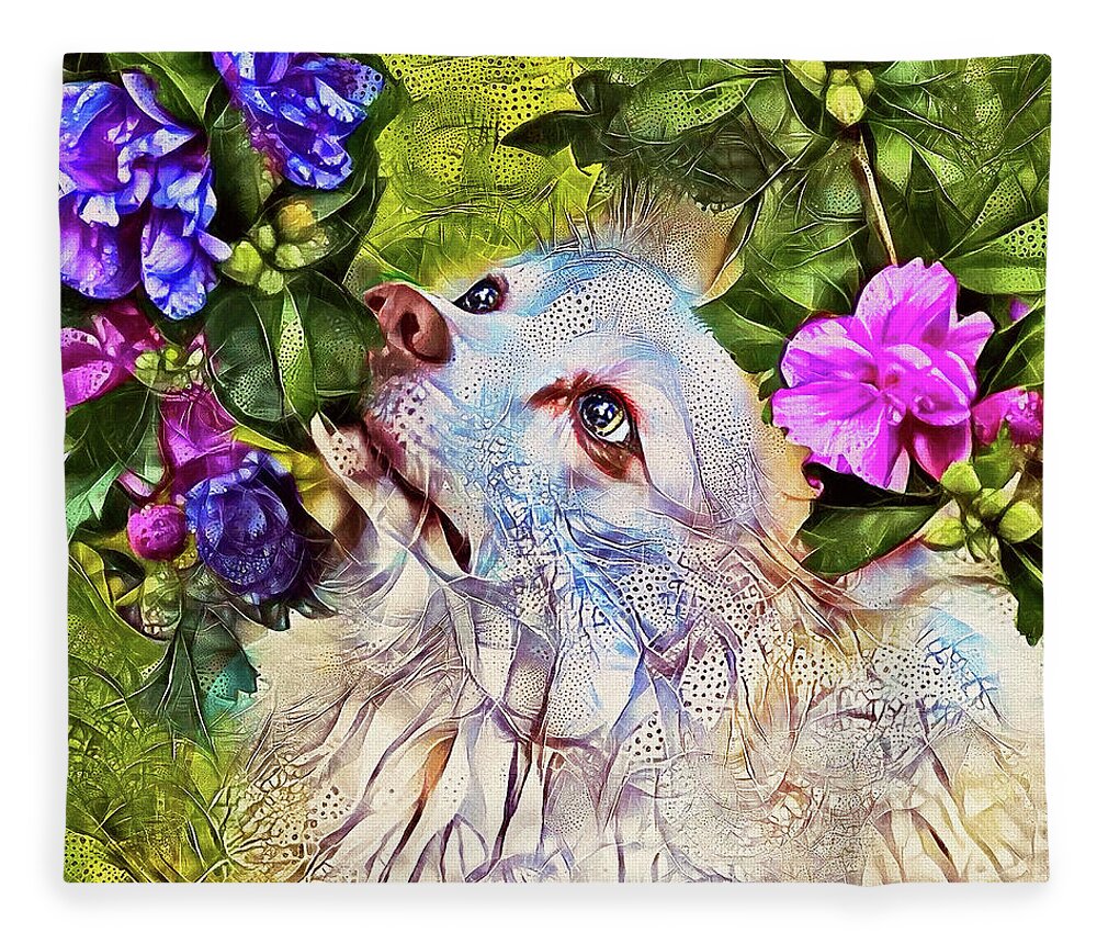 American Eskimo Dog Fleece Blanket featuring the digital art American Eskimo Dog Smelling Flowers by Peggy Collins
