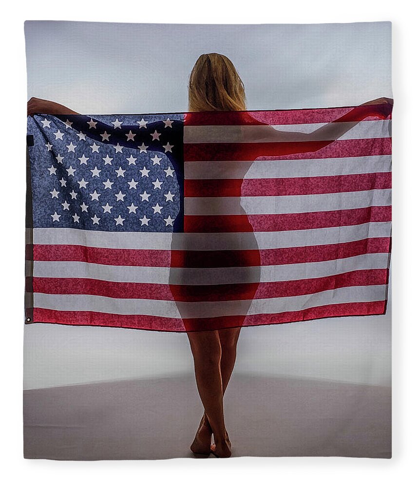 Flag Fleece Blanket featuring the photograph American Flag and Girl by James C Richardson