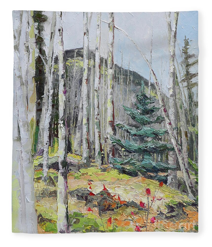 Aspen Fleece Blanket featuring the painting Among the Aspen, 2018 by PJ Kirk