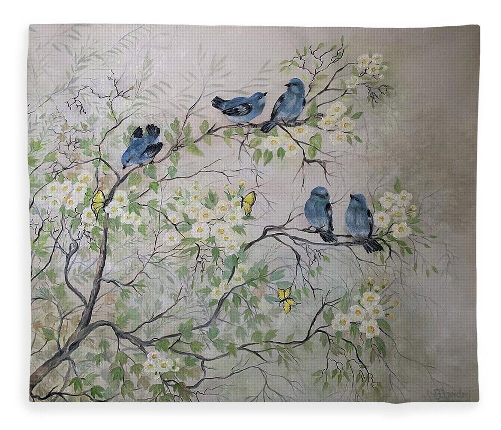 Birds Fleece Blanket featuring the painting Among the Blooms by Barbara Landry
