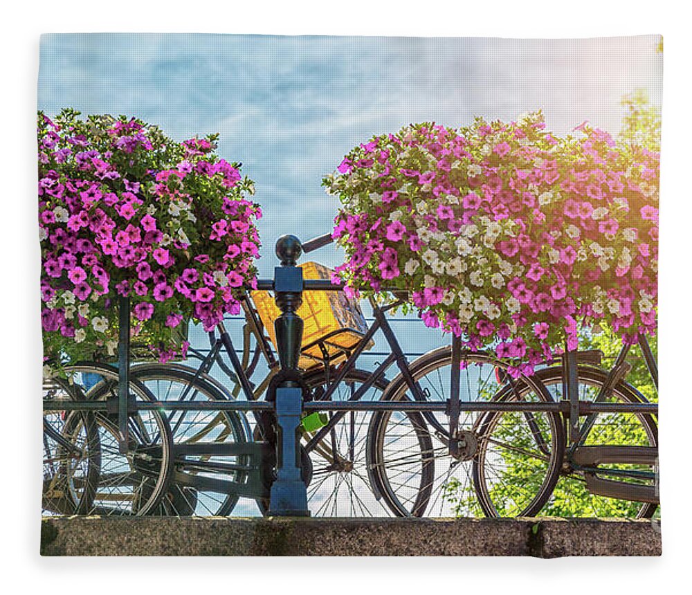 Bridge Fleece Blanket featuring the photograph Amsterdam bridge and bikes in summer by Jane Rix