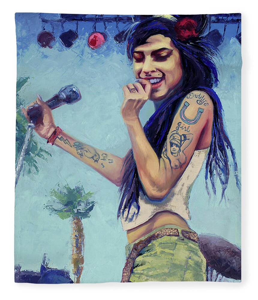 Coachella Fleece Blanket featuring the painting Amy Winehouse Coachella Festival, 2017 by PJ Kirk
