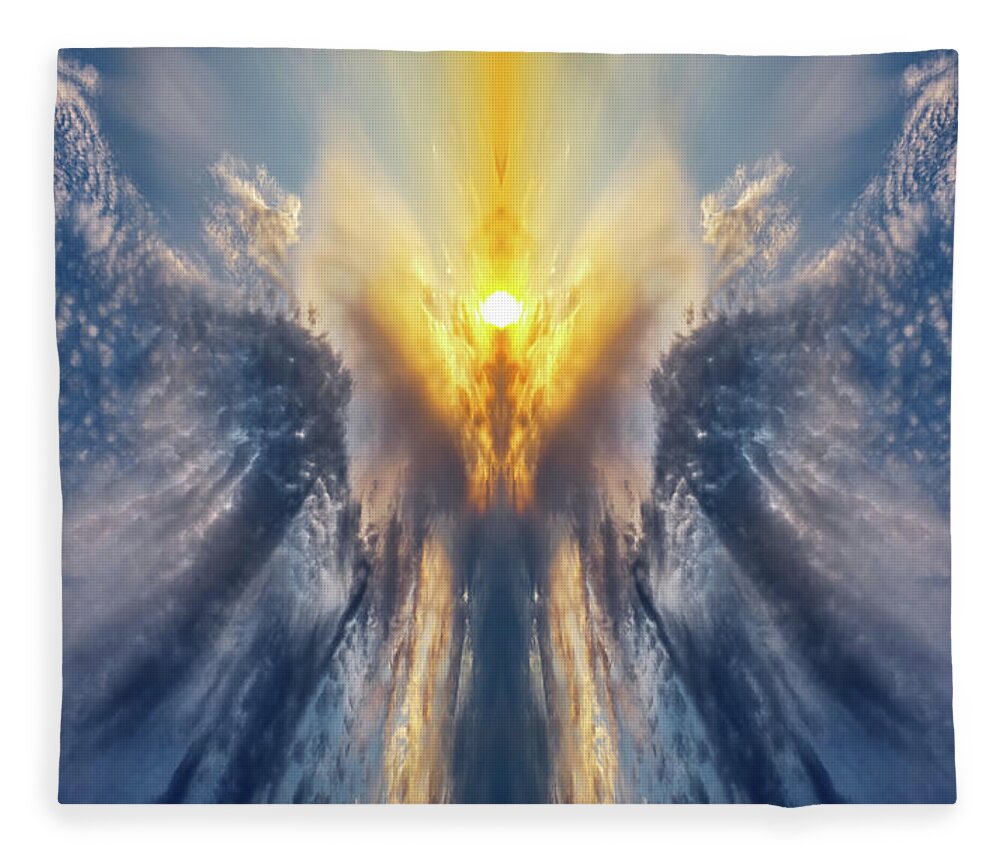 Angel Fleece Blanket featuring the photograph An Angel of the Lord Appeared to Them - angel in a mirrored cloudscape by Peter Herman