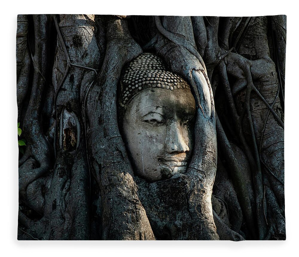 Buddha Fleece Blanket featuring the photograph The Fallen Kingdom - Buddha Statue, Wat Mahathat, Thailand by Earth And Spirit
