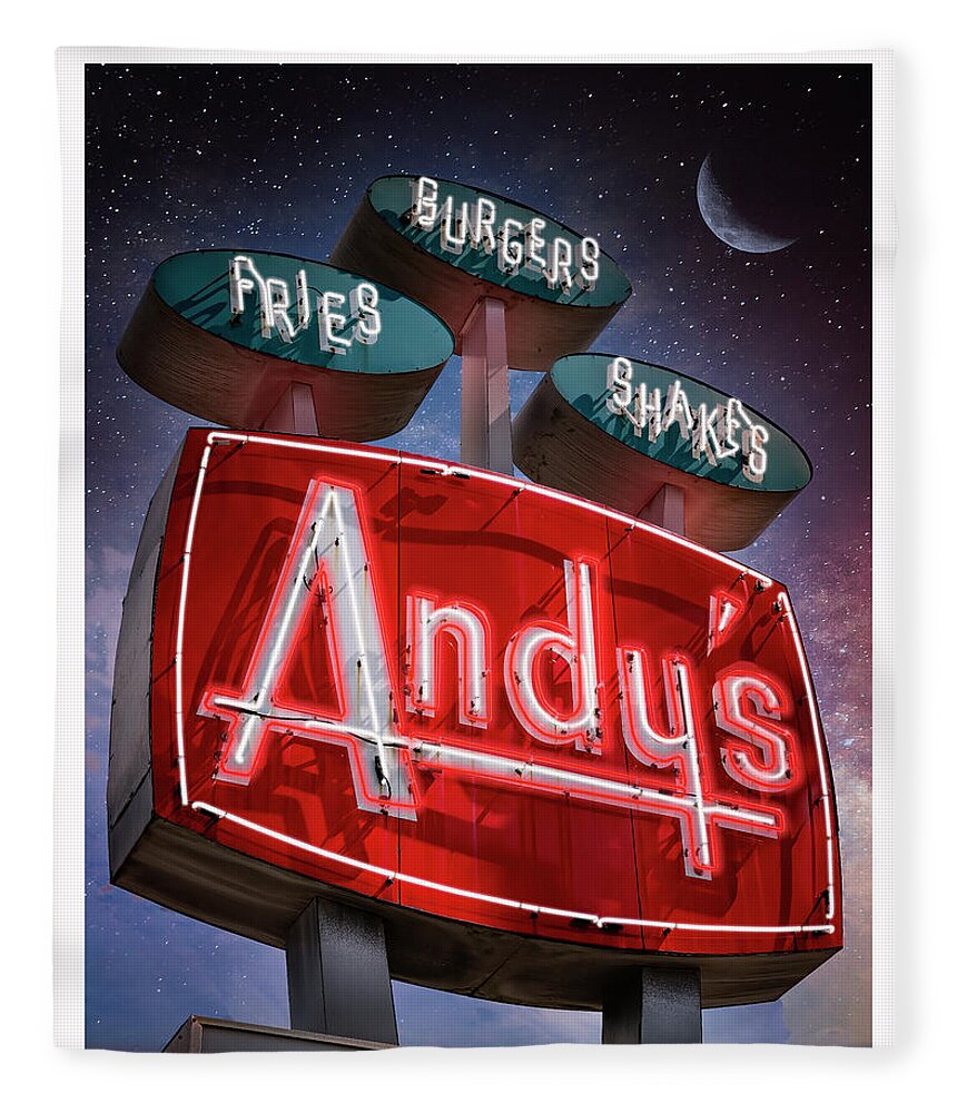 Andy's Fleece Blanket featuring the photograph Andy's Igloo Drive In at night by ARTtography by David Bruce Kawchak