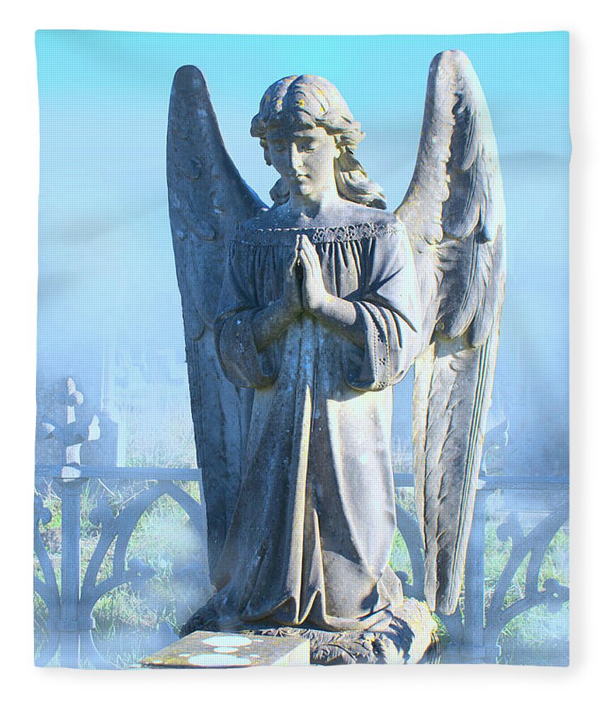 Angel Fleece Blanket featuring the pyrography Angel Statue in the Mist by Alan Ackroyd