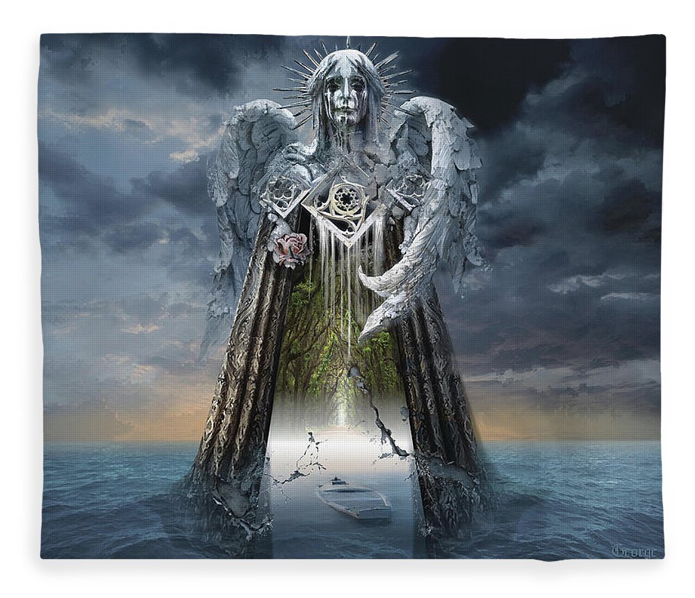Archangel Fleece Blanket featuring the digital art Angels and Demons Spirit of Repentance and Hope by George Grie