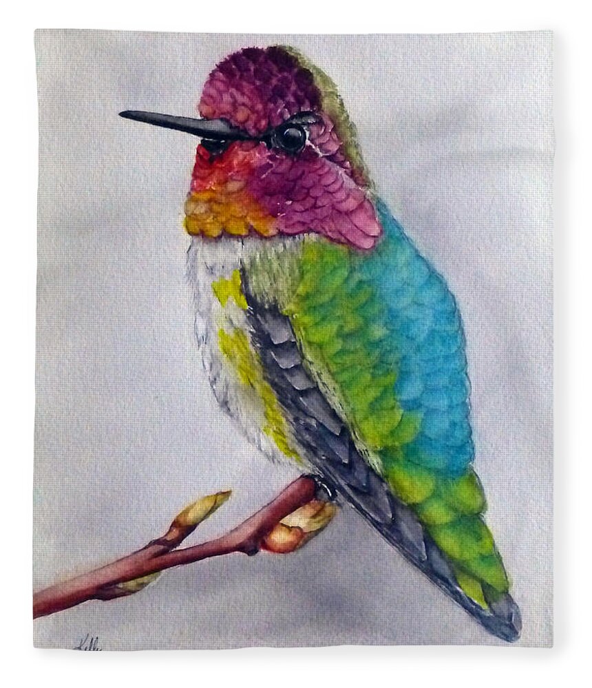 Hummingbird Fleece Blanket featuring the painting Anna's Hummingbird by Kelly Mills