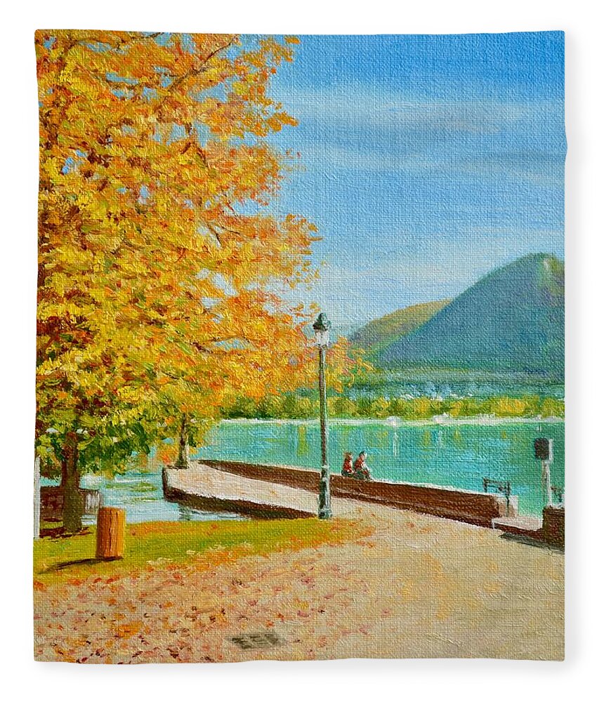 Lake Fleece Blanket featuring the painting Annecy Lake in Autumn by Dai Wynn
