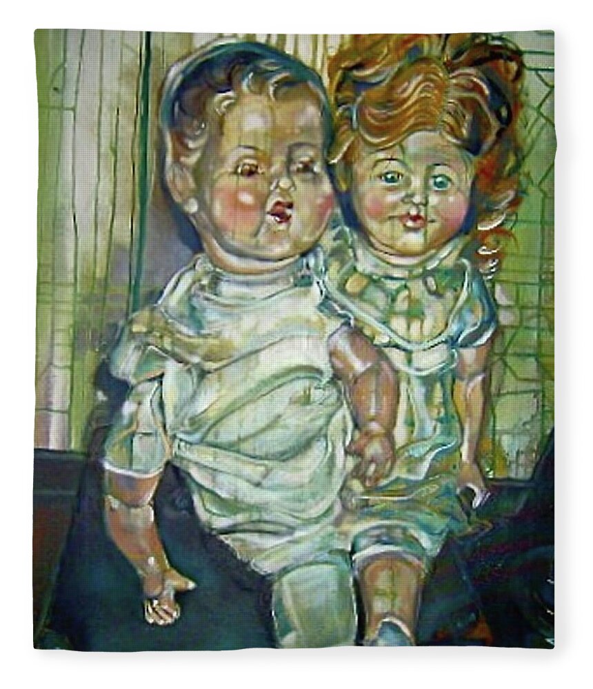  Fleece Blanket featuring the painting Antique Dolls by Try Cheatham