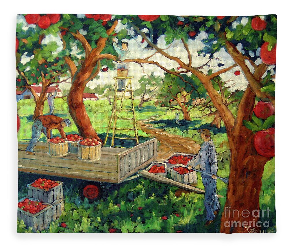 Apples Fleece Blanket featuring the painting Apple Pickers by Richard T Pranke