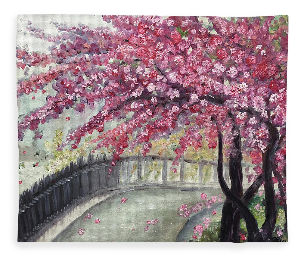 Paris Fleece Blanket featuring the painting April in Paris Cherry Blossoms by Roxy Rich