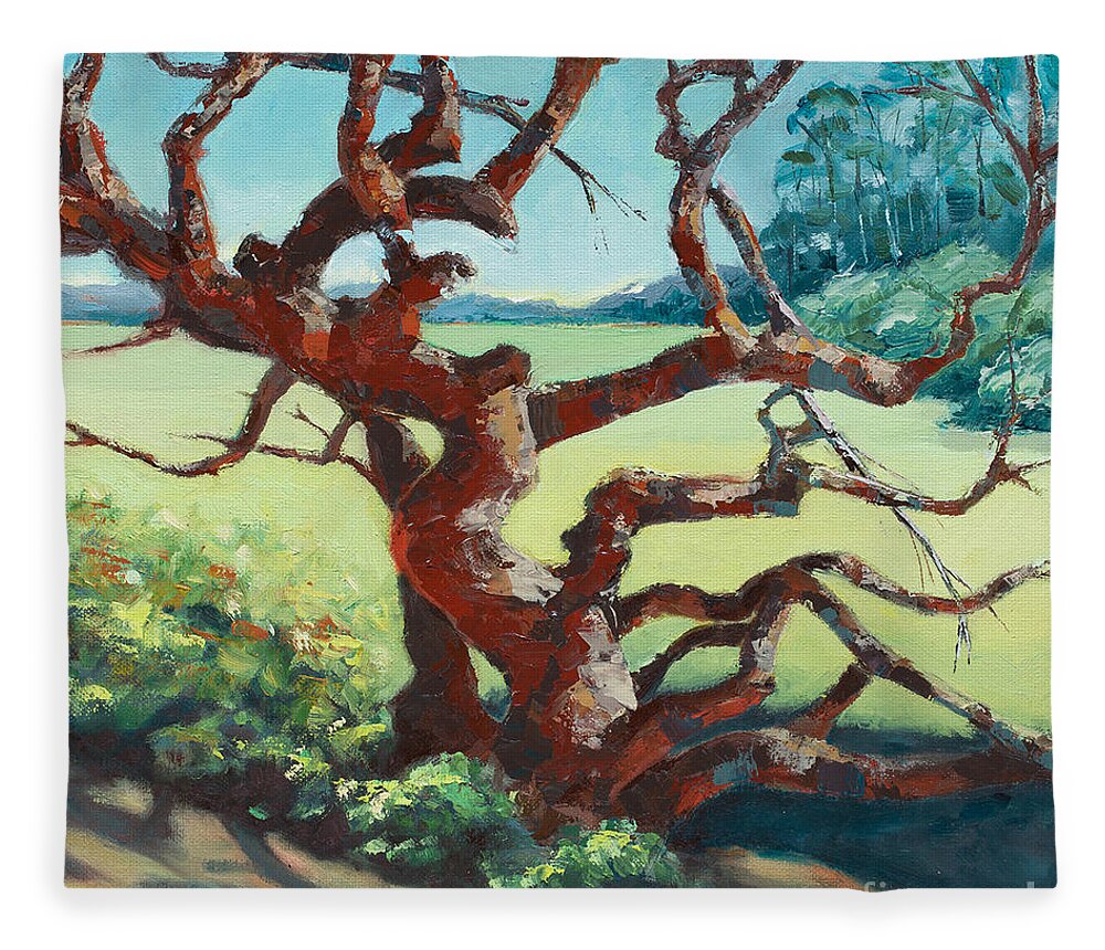 Oak Fleece Blanket featuring the painting Arana Gulch Oak, 2019 by PJ Kirk