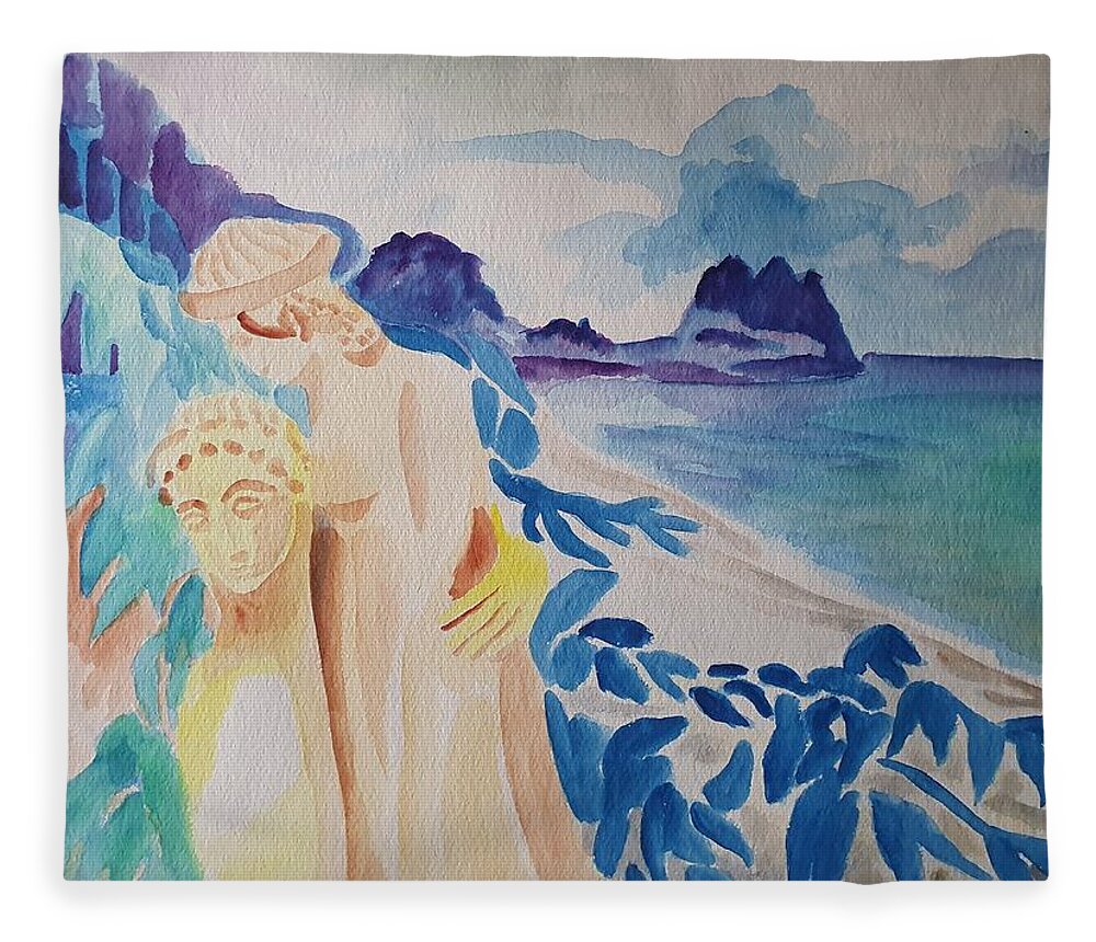 Classical Greek Sculpture Fleece Blanket featuring the painting Archaic Couple and the Sea by Enrico Garff