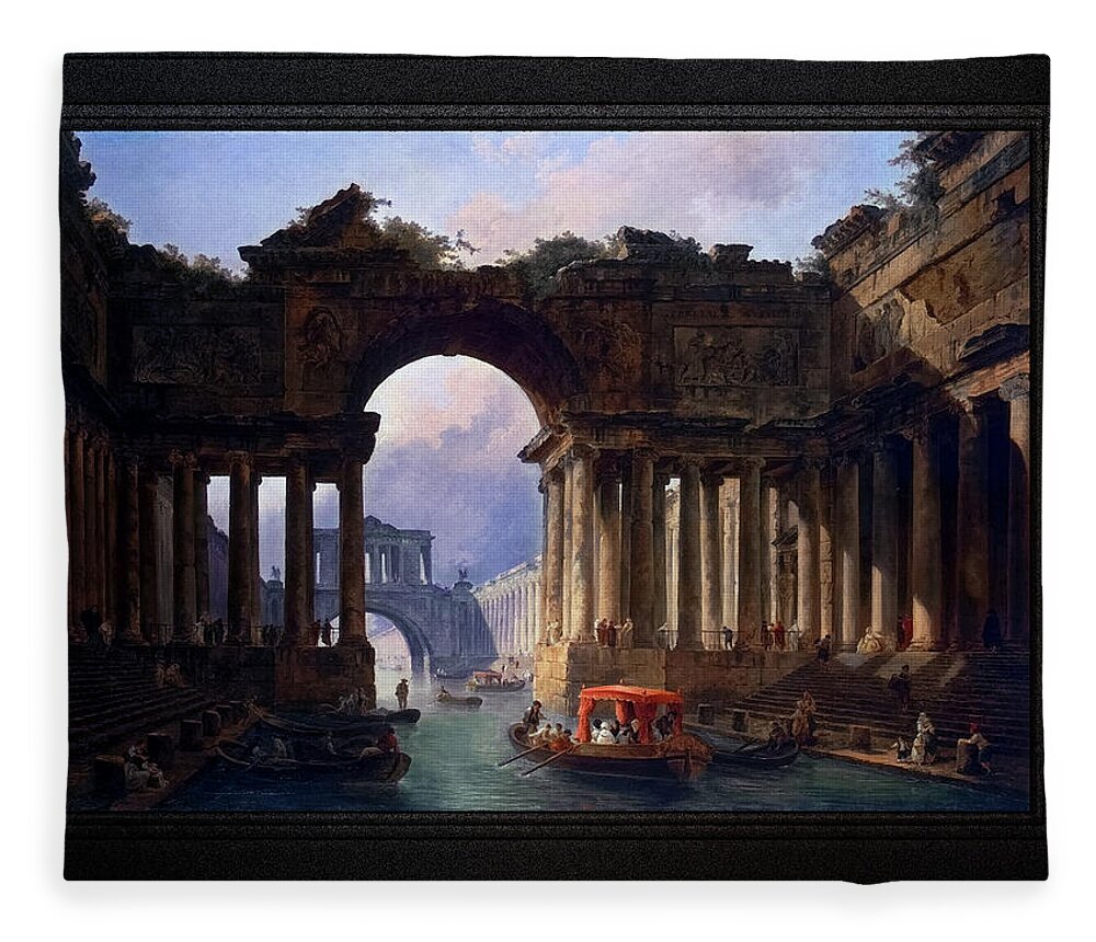 Architectural Landscape With A Canal Fleece Blanket featuring the painting Architectural Landscape With A Canal by Hubert Robert by Rolando Burbon