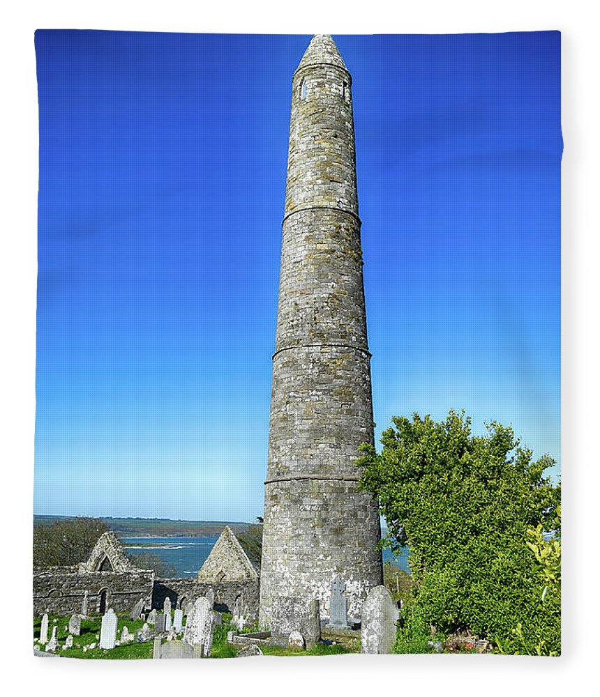 Old Fleece Blanket featuring the photograph Ardmore Round tower by Joe Cashin