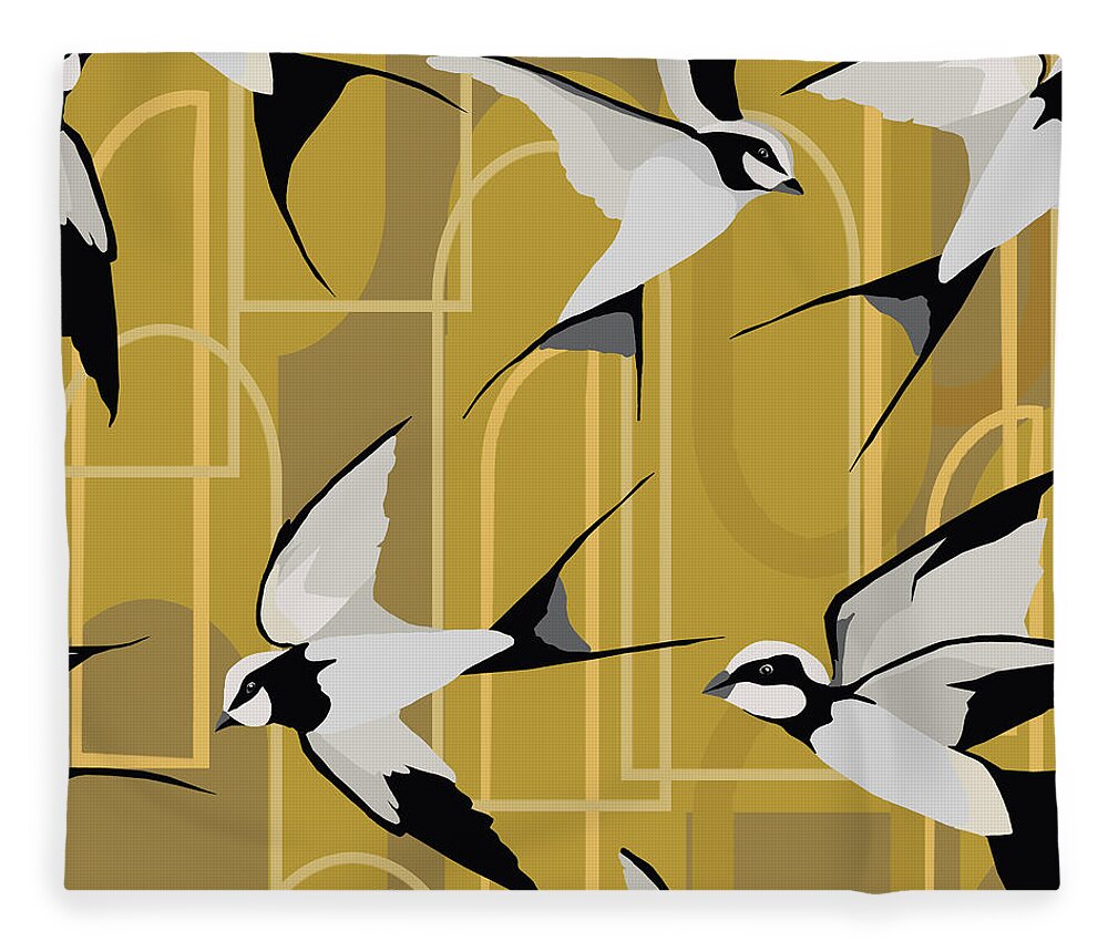 Seamless Repeat Fleece Blanket featuring the digital art Art Deco Swallows on Gold by Sand And Chi