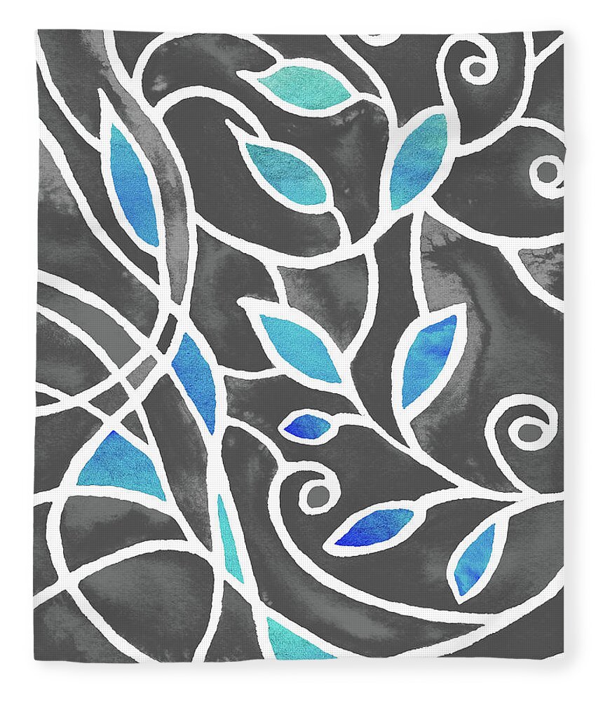 Blue Gray Fleece Blanket featuring the painting Art Nouveau Batik Style Leaves And Lines Teal Gray Pattern Watercolor by Irina Sztukowski