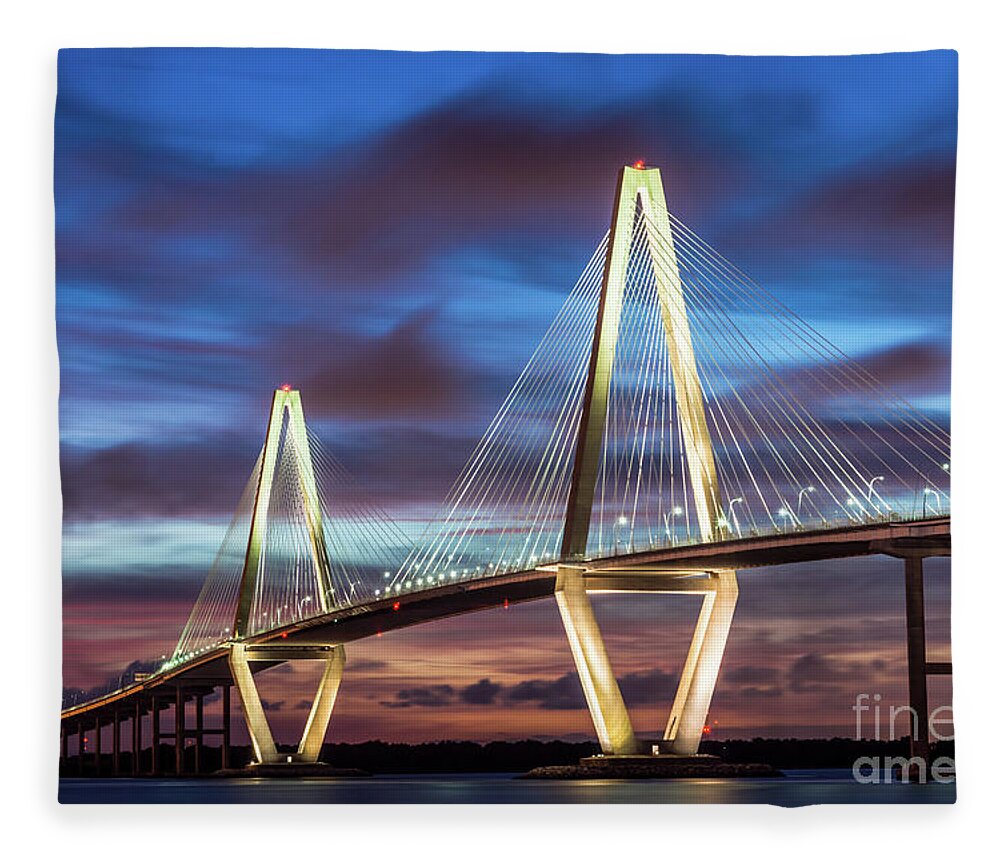 Charleston Fleece Blanket featuring the photograph Arthur Ravenel Bridge At Night by Jennifer White