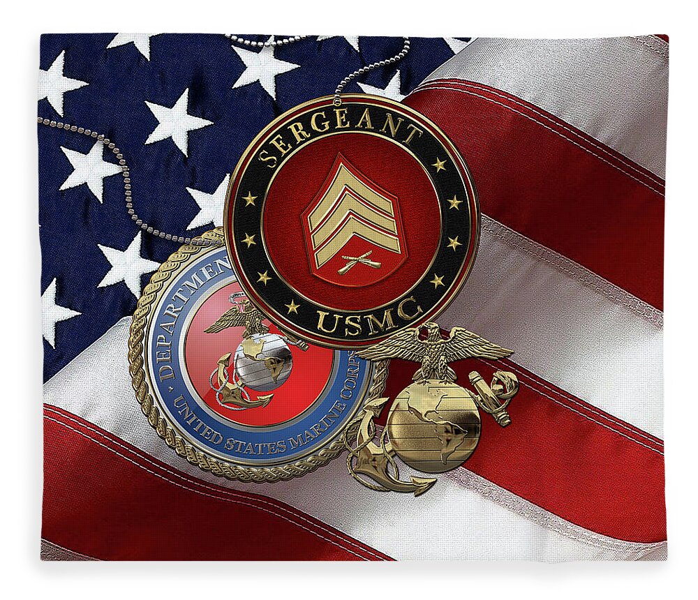 Military Insignia & Heraldry Collection By Serge Averbukh Fleece Blanket featuring the digital art U.S. Marine Sergeant - USMC Sgt Rank Insignia with Seal and EGA over American Flag by Serge Averbukh