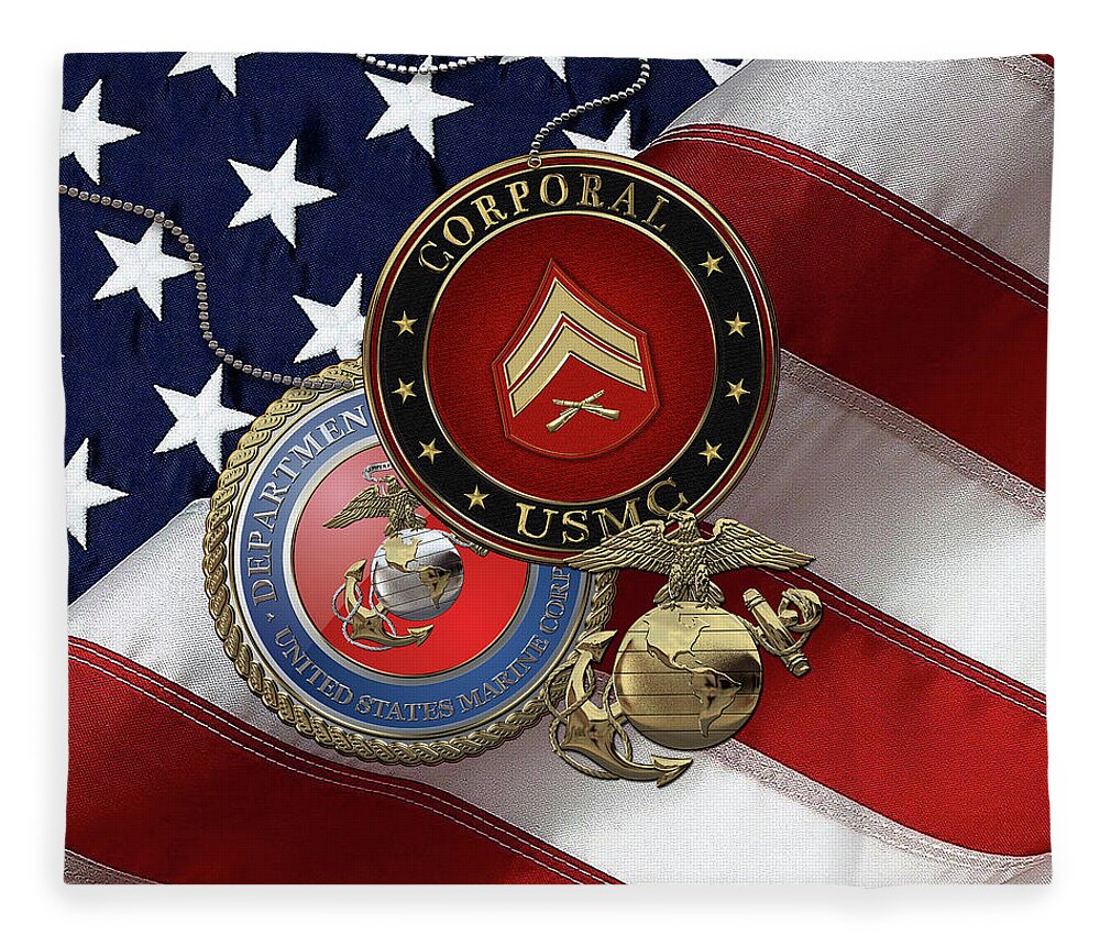 Military Insignia & Heraldry Collection By Serge Averbukh Fleece Blanket featuring the digital art U.S. Marine Corporal Rank Insignia with Seal and EGA over American Flag by Serge Averbukh
