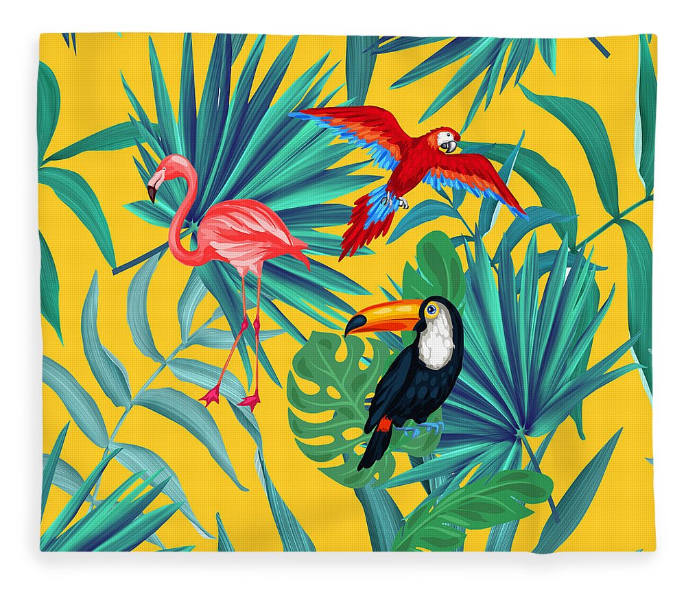 Parrot Fleece Blanket featuring the digital art Yellow Tropic by Mark Ashkenazi