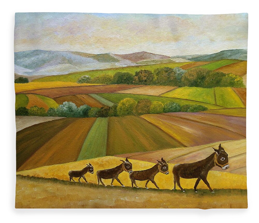 Jaral Fleece Blanket featuring the painting Sunday Promenade by Angeles M Pomata