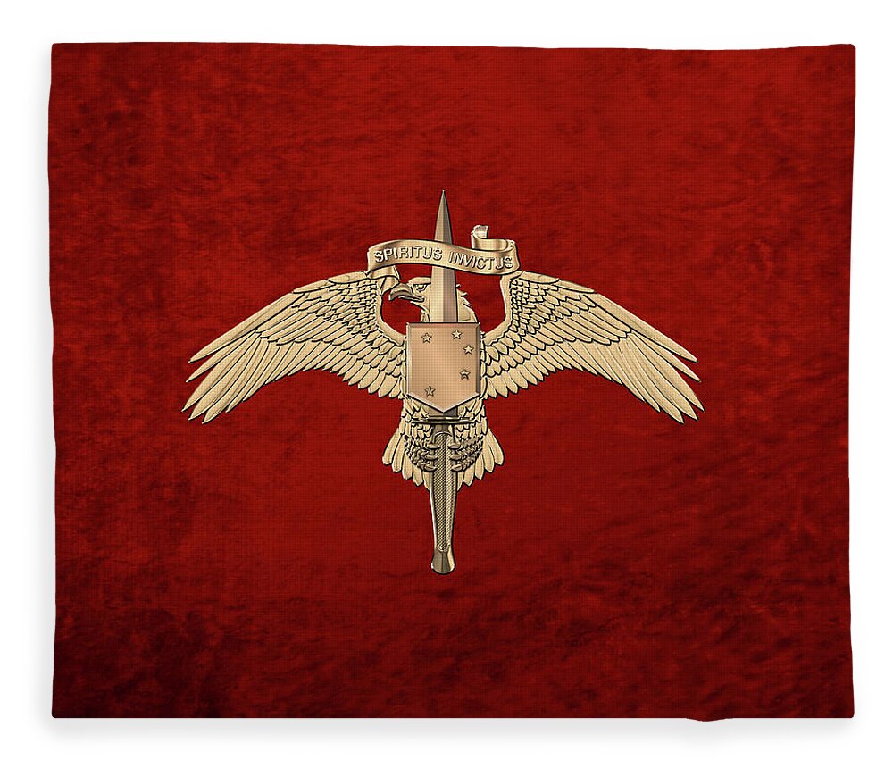 Military Insignia & Heraldry Collection By Serge Averbukh Fleece Blanket featuring the digital art Marine Special Operator Insignia - USMC Raider Dagger Badge over Red Velvet by Serge Averbukh