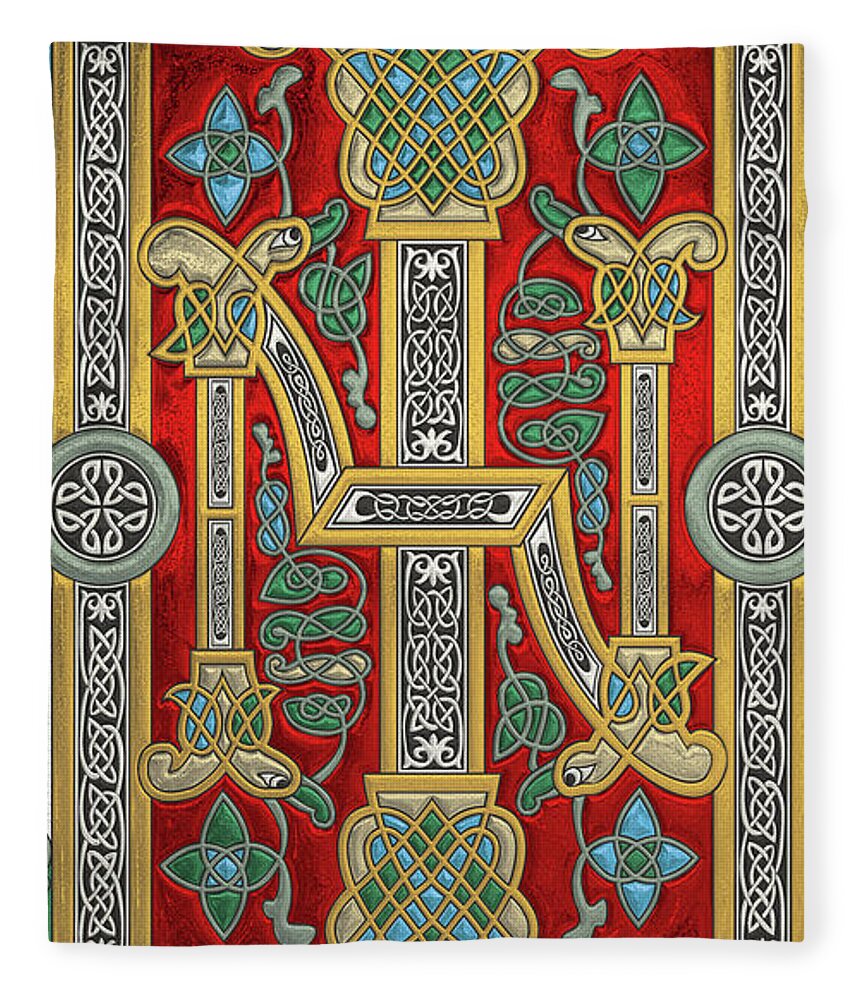 ‘celtic Treasures’ Collection By Serge Averbukh Fleece Blanket featuring the digital art Ancient Celtic Runes of Hospitality and Potential - Illuminated Plate over White Leather by Serge Averbukh