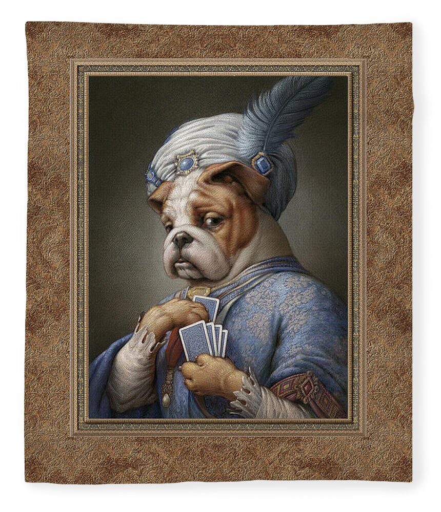 Bulldog Fleece Blanket featuring the pastel Pokerdog Bulldog by Kurt Wenner