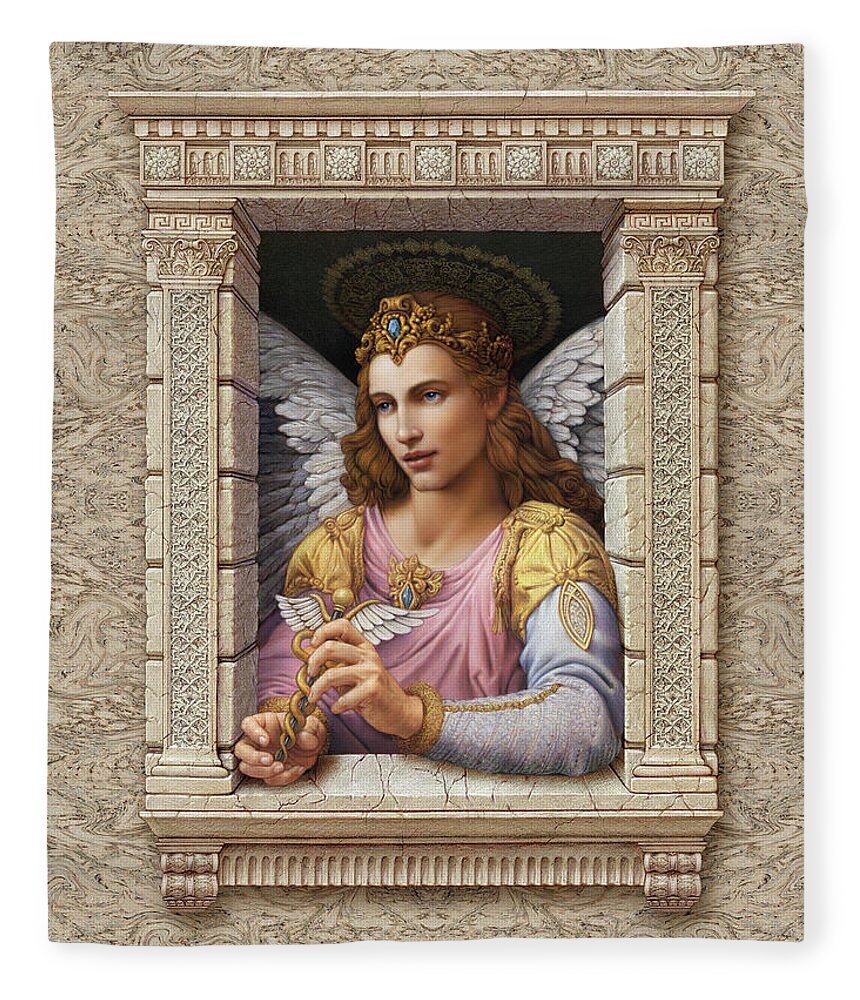 Christian Art Fleece Blanket featuring the painting Archangel Raphael by Kurt Wenner