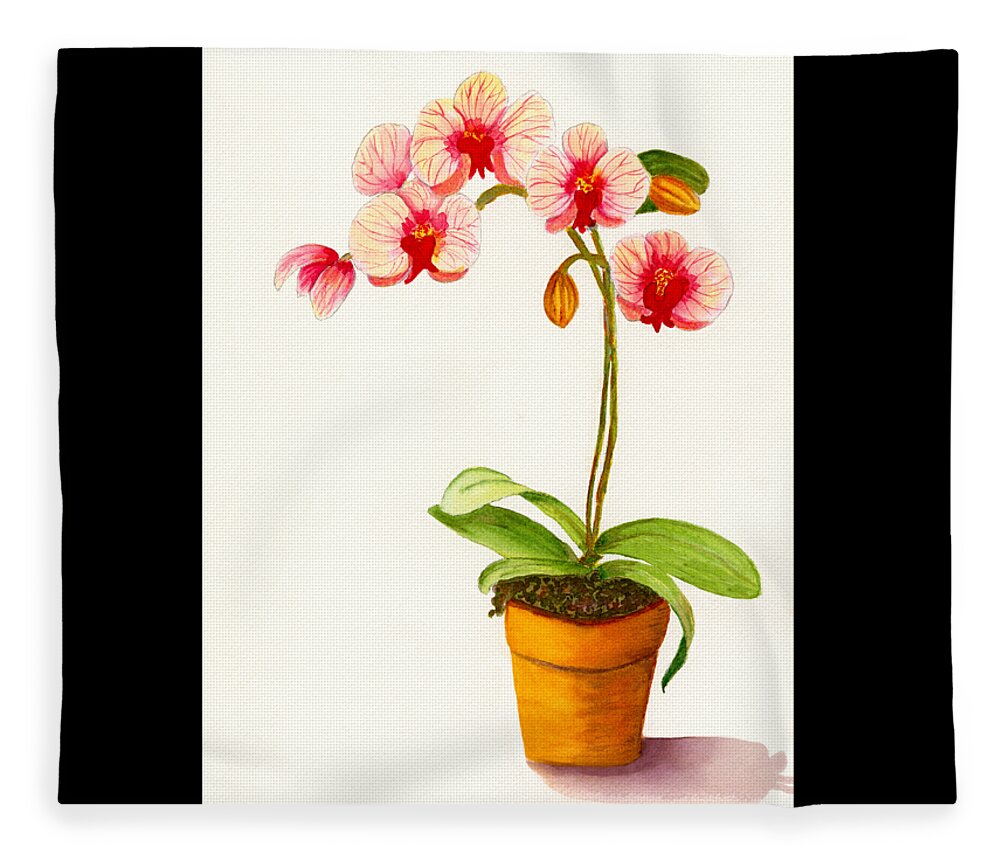 Flower Fleece Blanket featuring the painting Potted Red And White Phalaenopsis Orchid by Deborah League