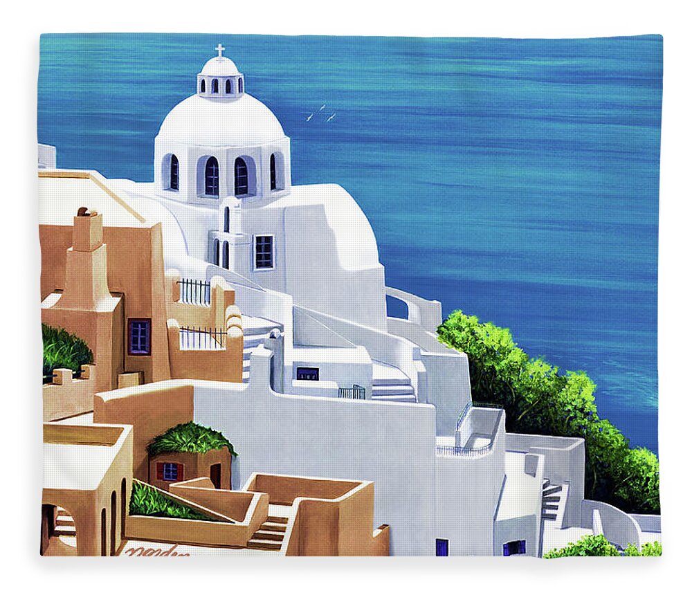Santorini Fleece Blanket featuring the painting SEA SERENE- prints of oil painting by Mary Grden