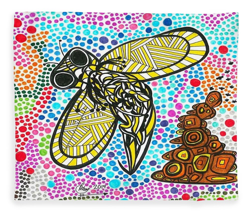 Bumble Bee Fleece Blanket featuring the drawing Funky Bee by Peter Johnstone