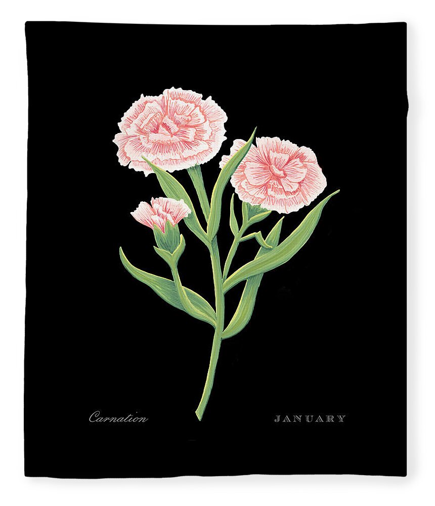Carnation Fleece Blanket featuring the painting Carnation January Birth Month Flower Botanical Print on Black - Art by Jen Montgomery by Jen Montgomery
