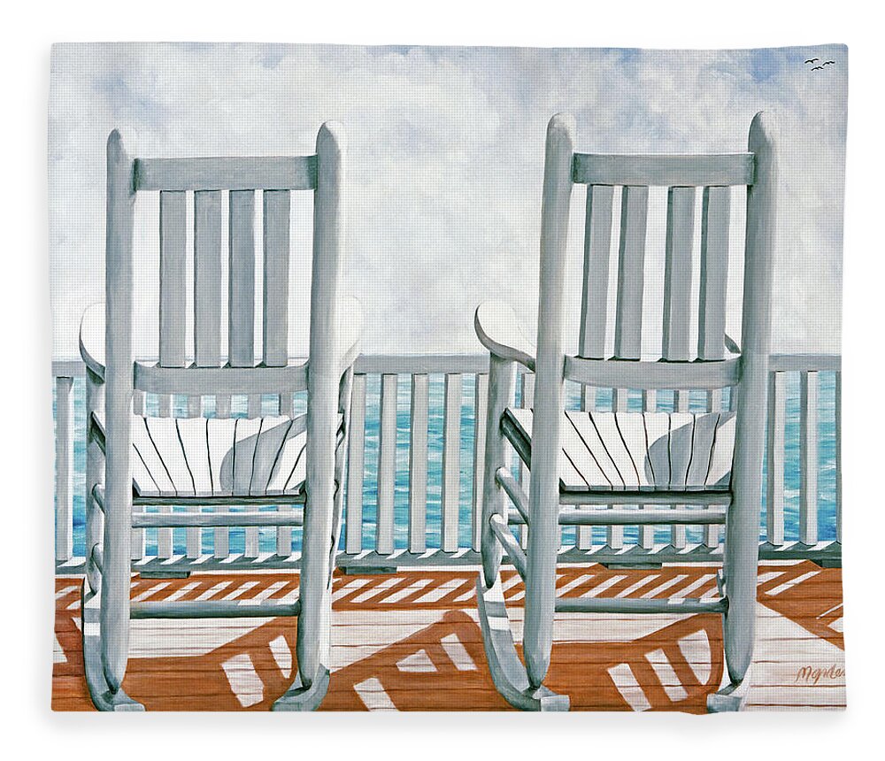 Rocking Chairs Fleece Blanket featuring the painting INVITATION FOR TWO- prints of oil painting by Mary Grden